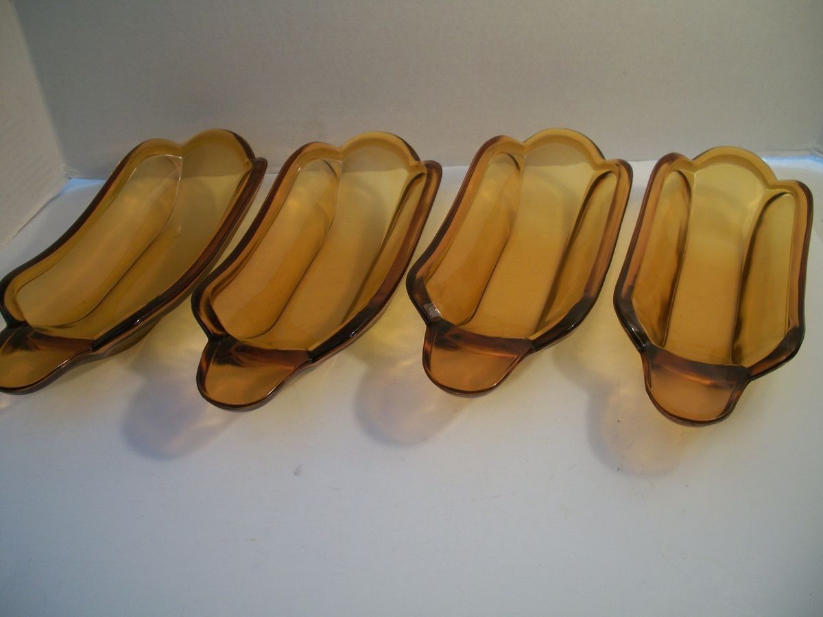   AMBER INDIANA GLASS GLASSWARE BANANA SPLIT DISHES Sundae Bowls PRESSED