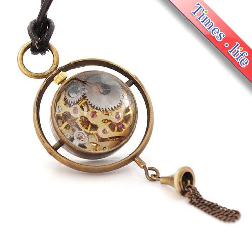   Mechanical Pocket Watch Necklace Leather Chain Ball Pendant New