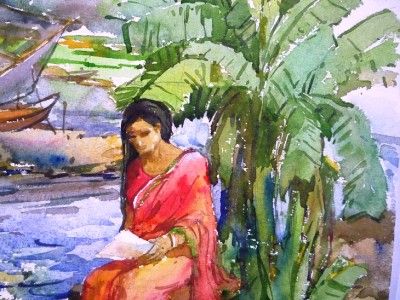 Bangladeshi Village Watercolor Painting by Celebrated Artist Samiron 