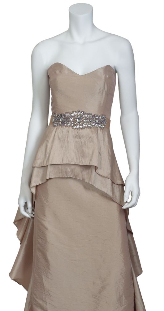 Badgley Mischka Marvelous Strapless Gold Rhinestone Belted Gown Eve 