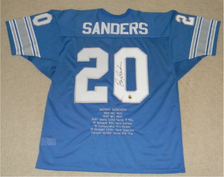 BARRY SANDERS SIGNED AUTOGRAPHED DETROIT LIONS 20 STAT JERSEY SCHWARTZ 