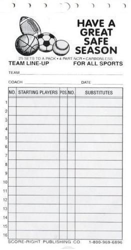 Baseball/Softball Score Right Team Line Up Cards (25 Sheets/4 Carbon 