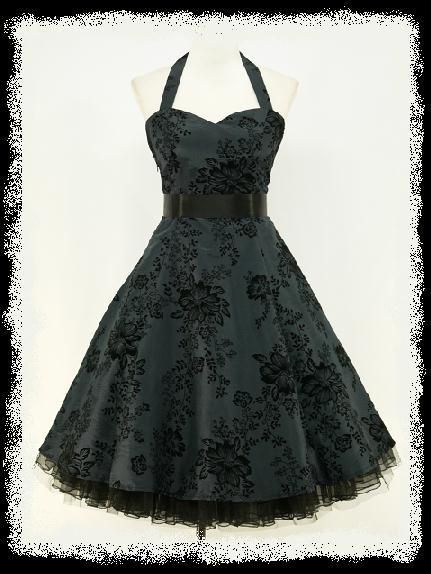 dress190 DARK BLUE 50s HALTER FLOCK TATTOO ROCKABILLY PROM PARTY DRESS 