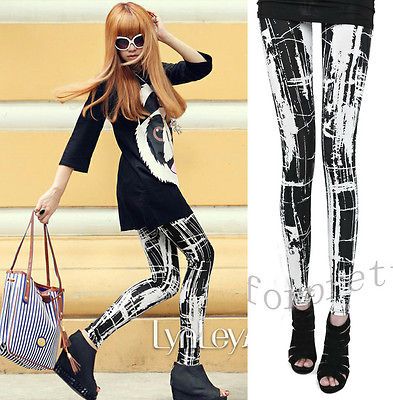 Women Rock Punk Black and White Splatter Paints Leggings Tights Pants 