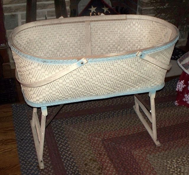 Vintage Wicker Bassinet On Wheels Folding legs GREAT SHAPE