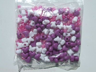 PACKS 211 PC EA PONY BEADS KIT TEDDY BEAR HEARTS BUTTERFLIES PINKS