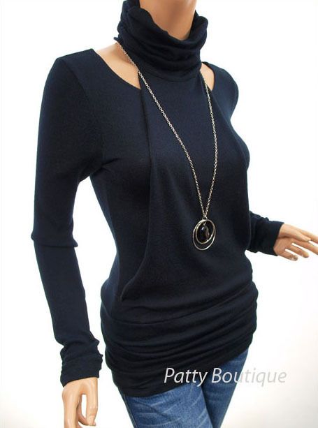 black long sleeves ruched turtleneck tunic top xl