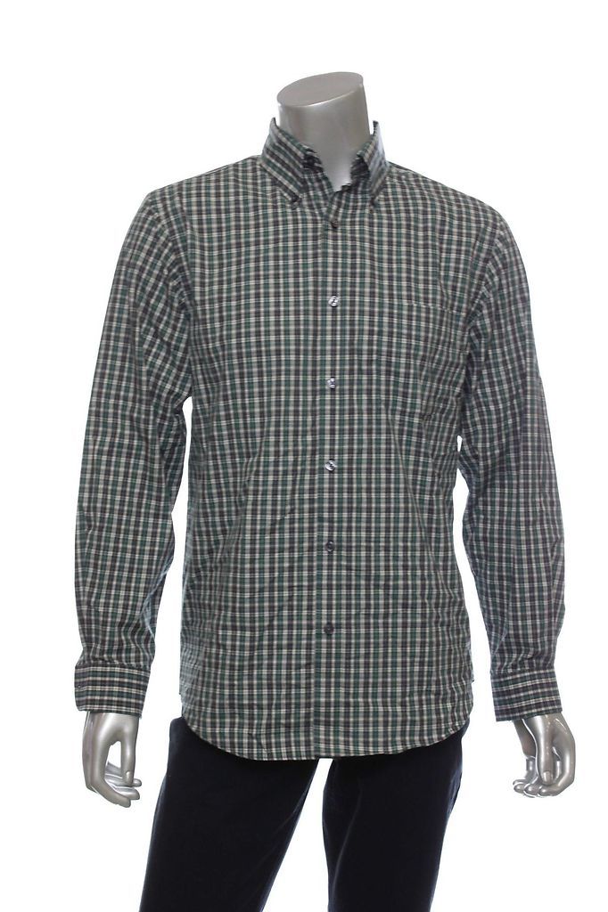 Van Heusen Tartan Mens S 14 14.5 Plaid Button Front Shirt Hunter Green 