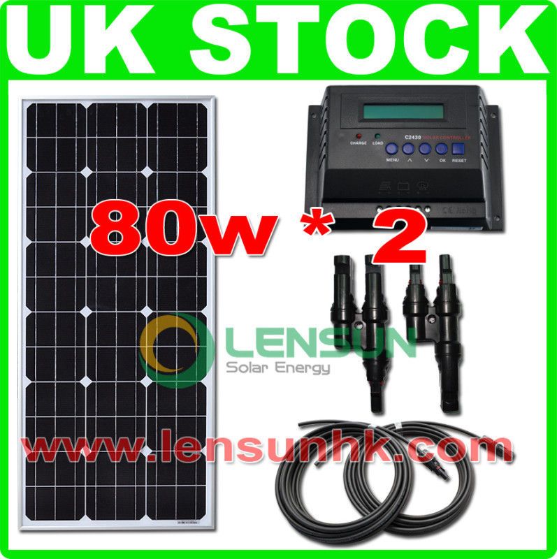 160W(80W×2) Solar panel complete kit,20A regulator,cabl​e for 