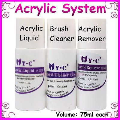 75ml ACRYLIC LIQUID + REMOVER + BRUSH CLEANER NAIL ART SET