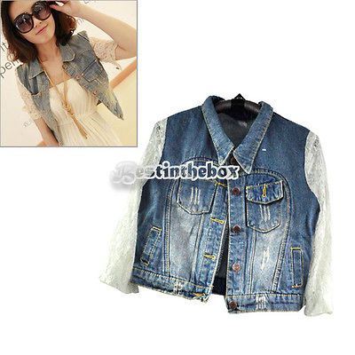 Women Turn Down Collar 3/4 Lace Sleeve Short Denim Top Coat Jean 