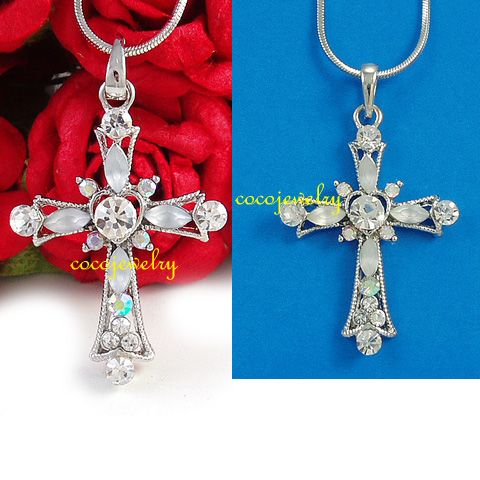 White Clear Heart Cross Rhinestone Pendant Necklace 686