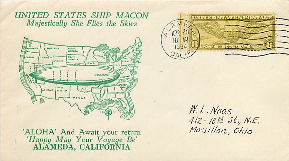 1934 USS Macon Cover Alameda CA Clyde Welch Cachet