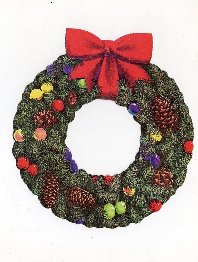 VINTAGE EUREKA DIE CUT CHRISTMAS DOOR WREATH Teacher Retired 1950 NEW 