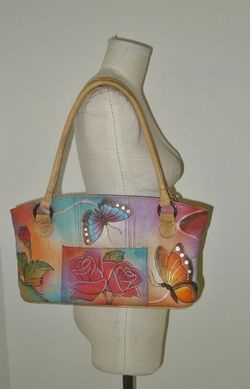 Anna by Anuschka Tan Leather Painted Butterfly Rose Shoulder Bag Purse 