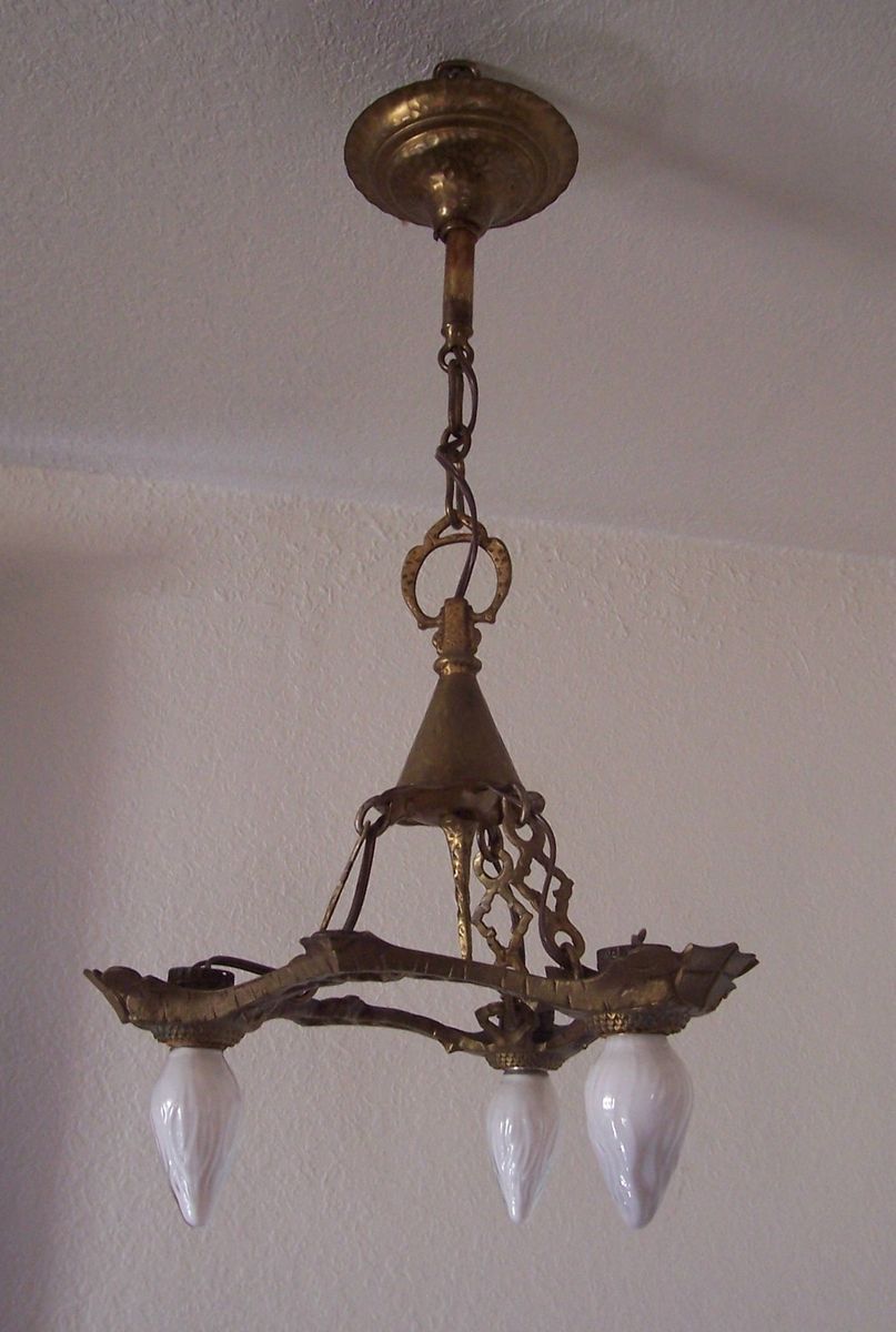 Antique Vtg Spanish Revival Hammered Brass Chandelier 3 Light 1920s 