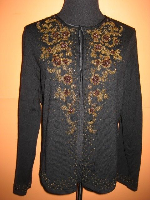 Ann Taylor Merino Wool Heavily Beaded Black Gold Copper Cardigan 