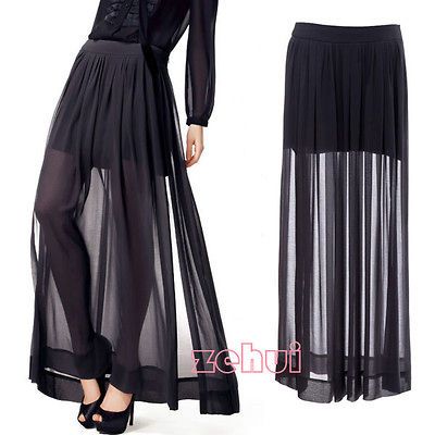 See Through Women Sheer High Side Split Black Pleated Chiffon Maxi 