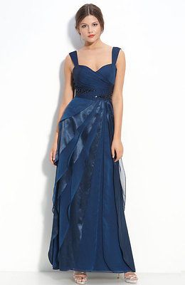 Adrianna Papell Tiered Chiffon and Satin Navy Blue Gown Dress 10 New