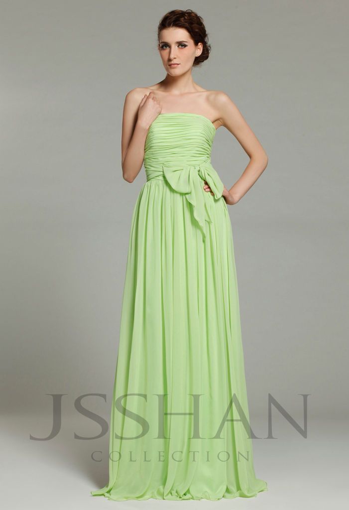 JSSHAN Seafoam Green Ruched Chiffon Strapless Prom Gown Bridesmaid 