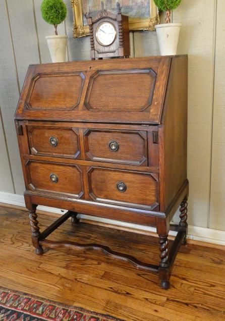 Antique English Desk Secretary Barley Twist Dark Oak Jacobean Drop 