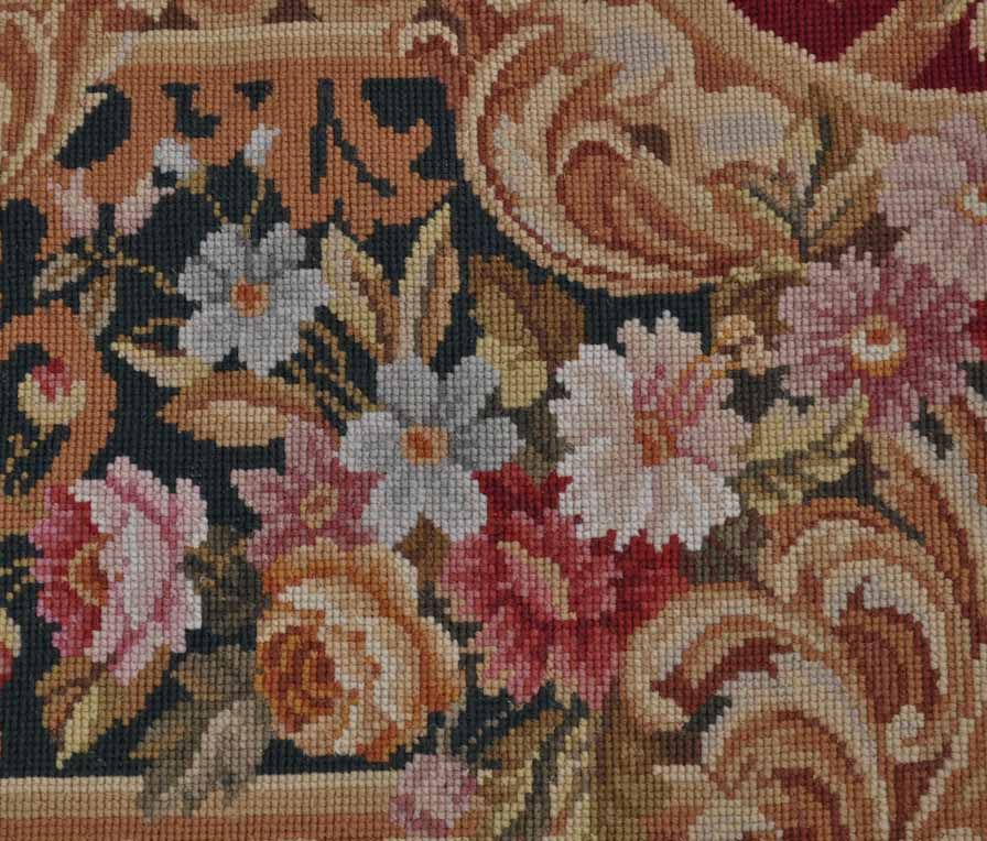   Aubusson Design Roses Wool Needlepoint Red Emerald Green Area Rug