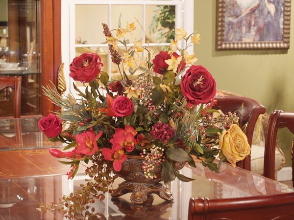   QUALITY LARGE RED & GOLD ARTIFICIAL SILK FLORAL FLOWER ARRANGEMENT