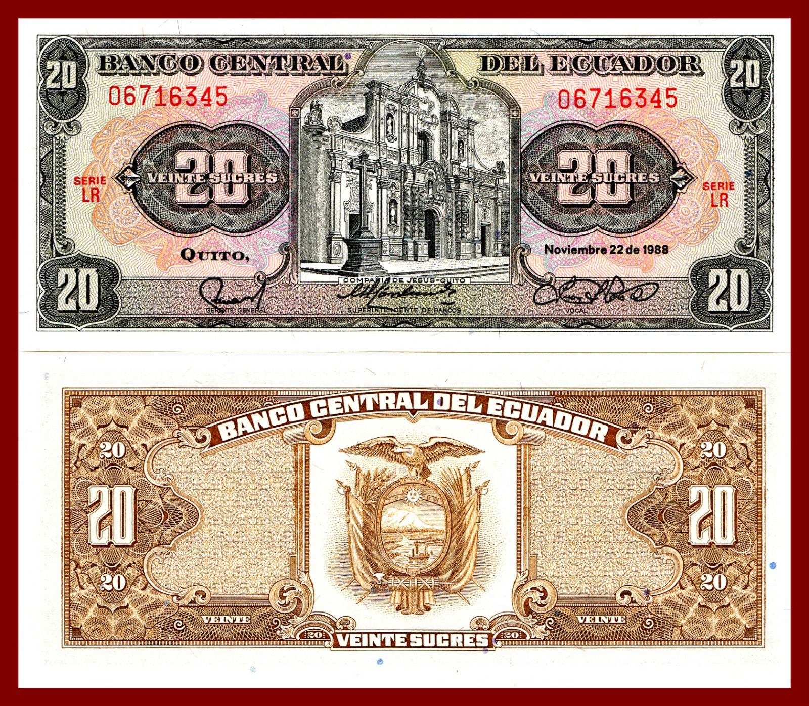 Banco Central Del Ecuador 20 Sucres 1988 Serie LR Uncirculated Quito 