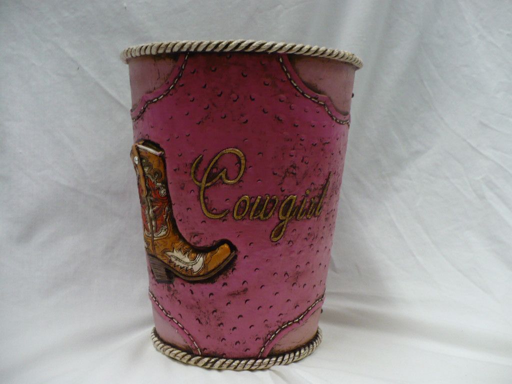 Western Bath Decor Rhinestone Pink Ostrich Cowgirl Boot Waste Trash 