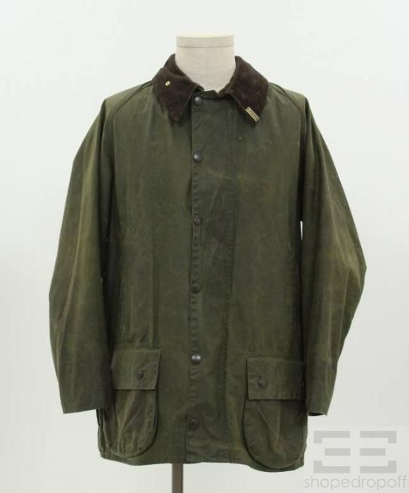 Barbour Mens Olive Green Waxed Cotton Zip Front Jacket Size 42