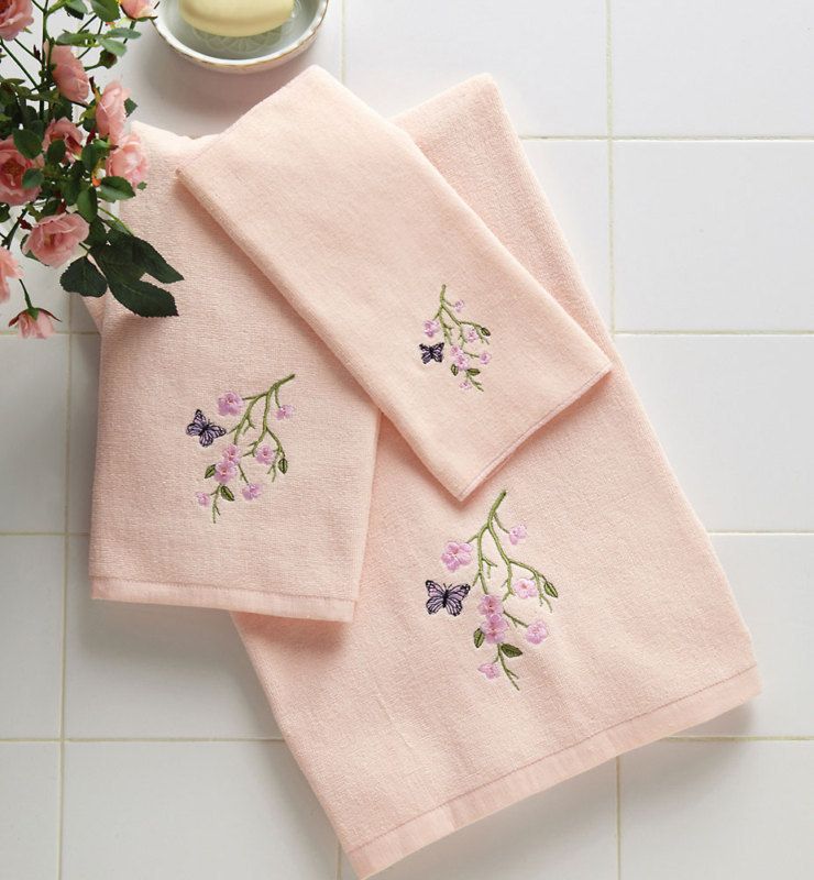  Floral Butterfly Pink Bath Hand Towel Set Washcloth Decor