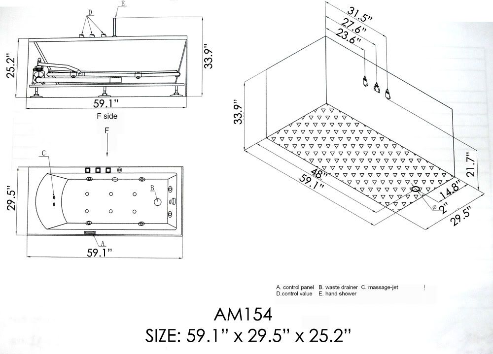 Ariel Platinum AM154 Whirlpool Bath Tub Modern Style