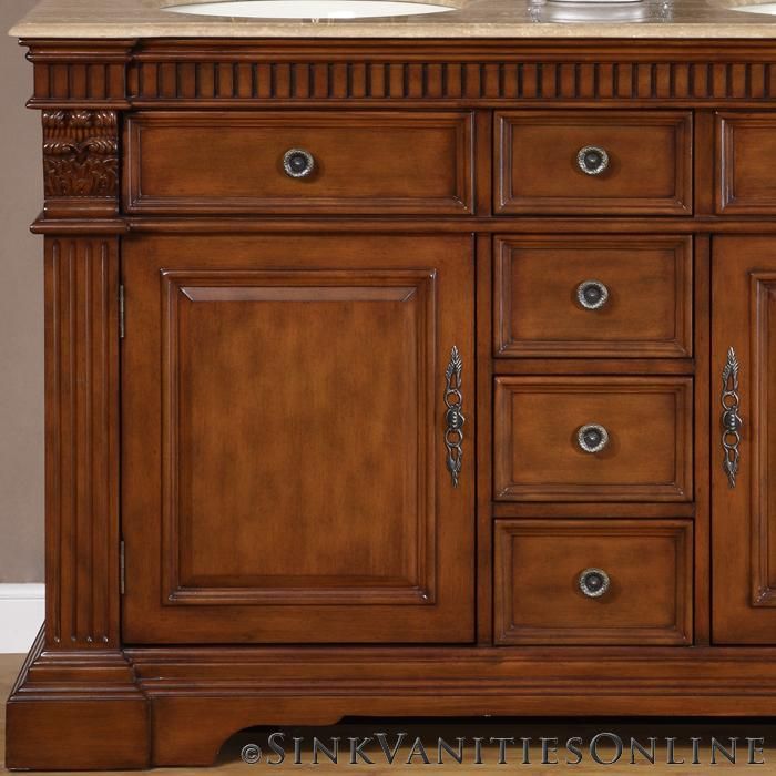     Travertine Top Double Bathroom Sink Vanity Cabinet (Cherry Finish