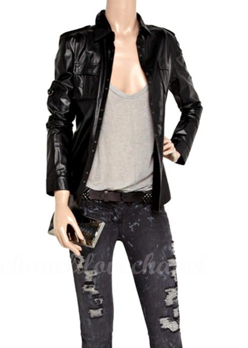 Black calf leather jacket shirt with a multicolored tiger print and 