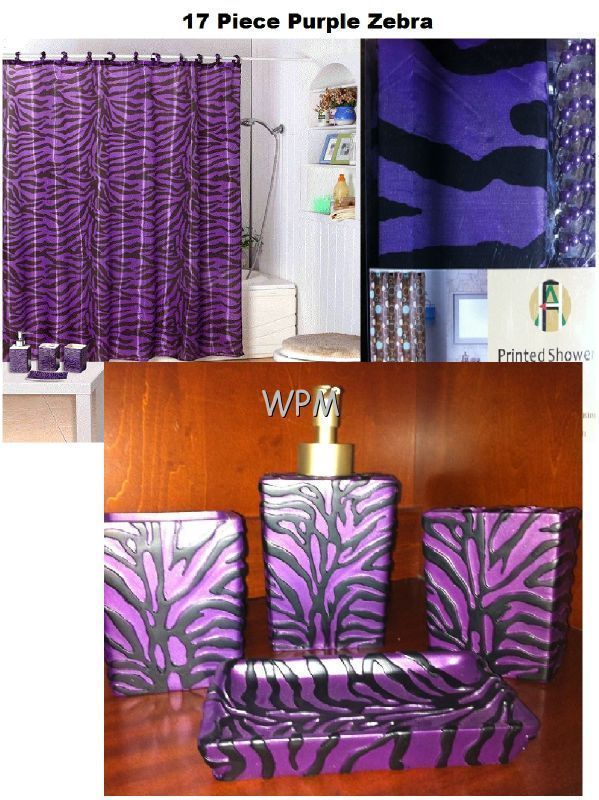 17 Bath Accessory Set Purple Zebra Shower Curtain Ring Bathroom Vanity 