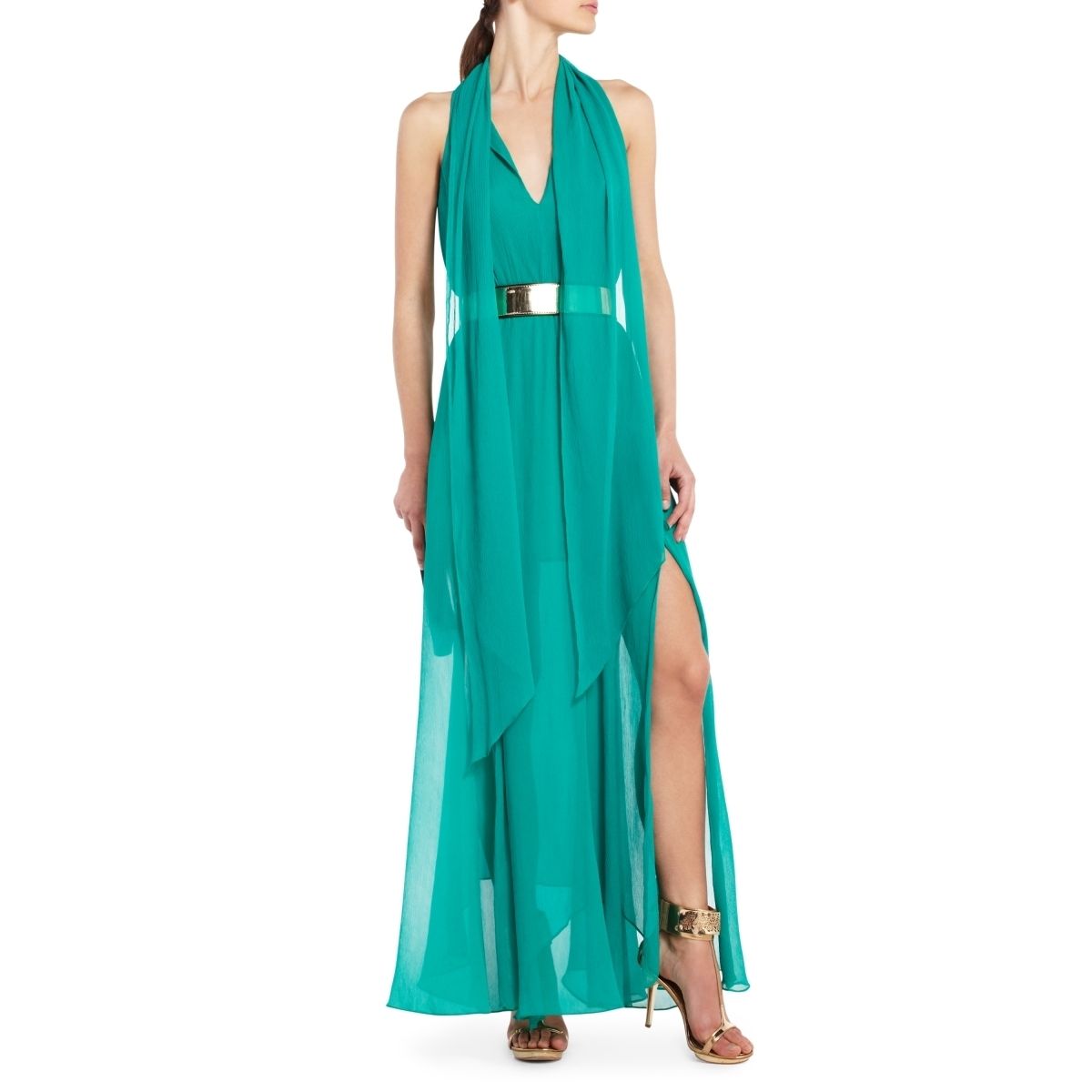 New BCBG Emerald Shelby Sleeveless Chiffon Gown L $448 CKO6R671