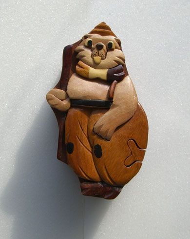 carved intarsia wood beaver puzzle box