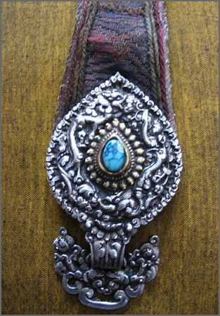 Tibetan Silk Brocade Silver and Turquoise Chatelaine