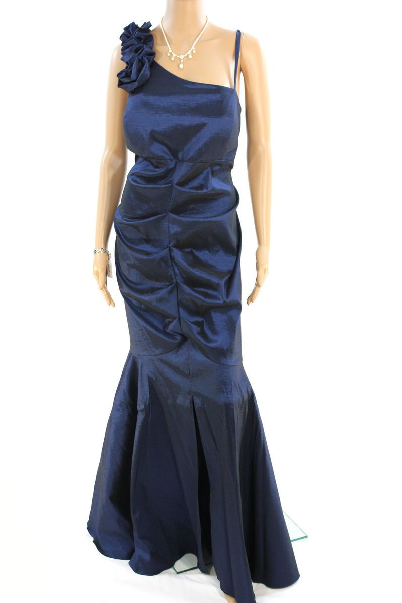 Betsy Adam Dress Blue Ruffle Shoulder Mermaid Evening Gown Plus Size 