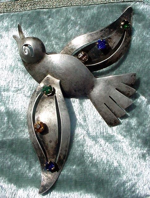   STERLING BROOCH DANISH NORWAY MODERNIST SILVER & RHINESTONE BIRD PIN