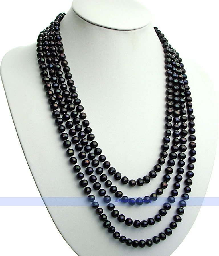 Long 100 7mm Genuine Freshwater Black Pearl Necklace