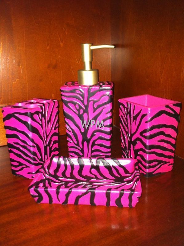 Bath Accessory Set 4 Pc Pink Black zebra Bathroom accessories Vanity 