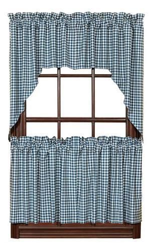 Blue Check Gingham Cafe Curtains Tier Set Valance Kitchen New