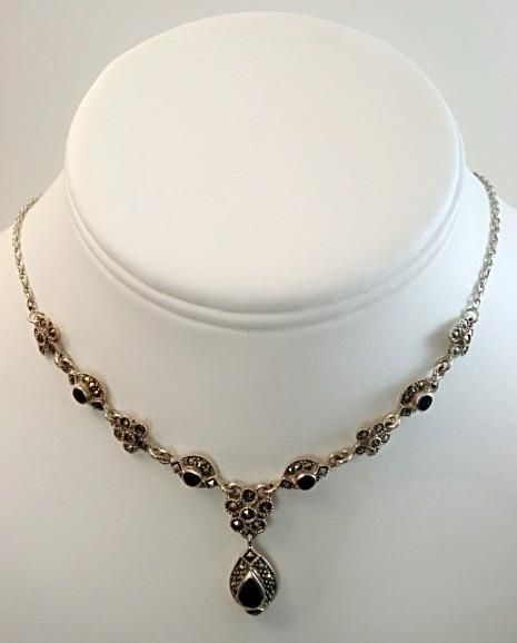 Vintage Fine Jewelry Sterling Silver Black Onyx Marcasite Necklace