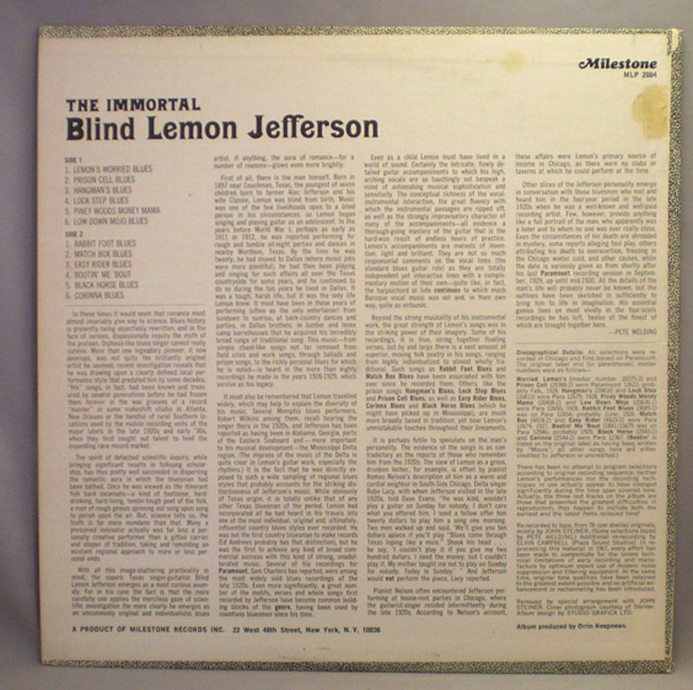 Blind Lemon Jefferson Immortal Milestone Folk Blues LP