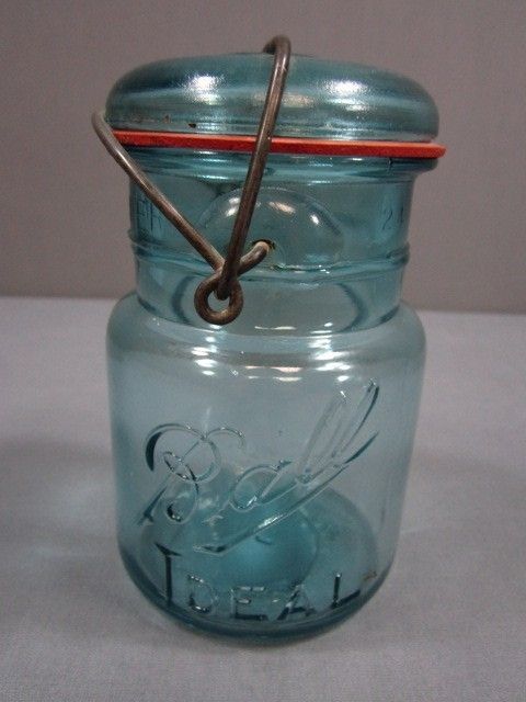 BLUE BALL IDEAL PINT SIZE CANNING JAR PATD JULY 14,1908 W/BAIL& GLASS 