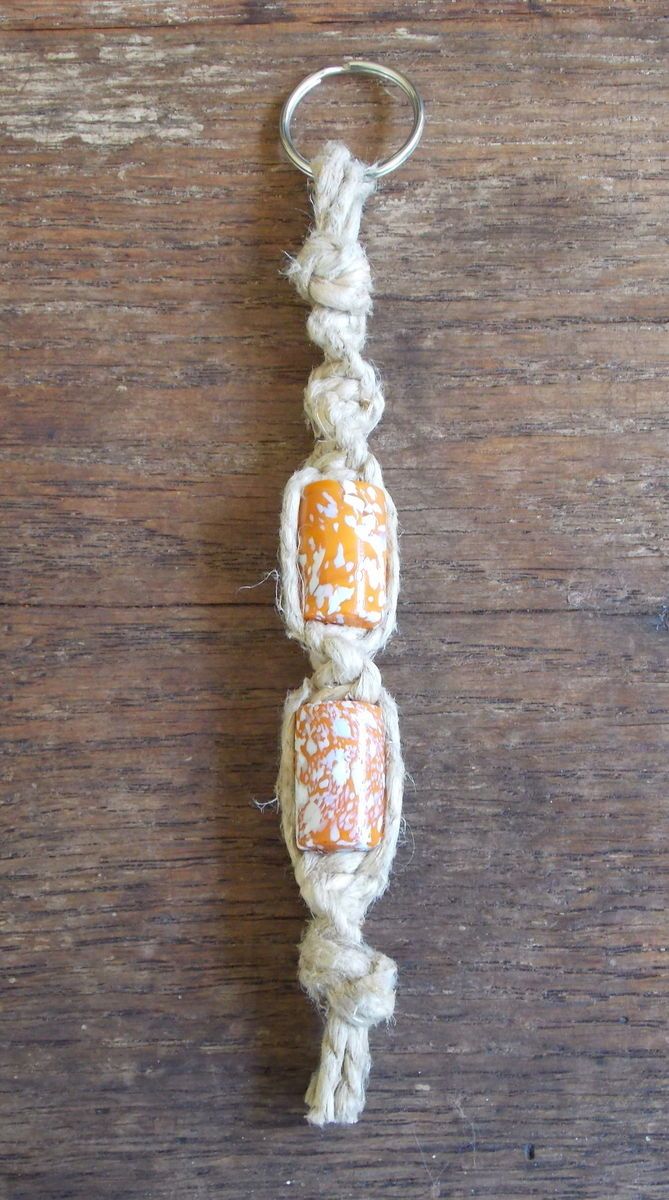 HandmadeThick Hemp Keychain Orange White Glass Beads 