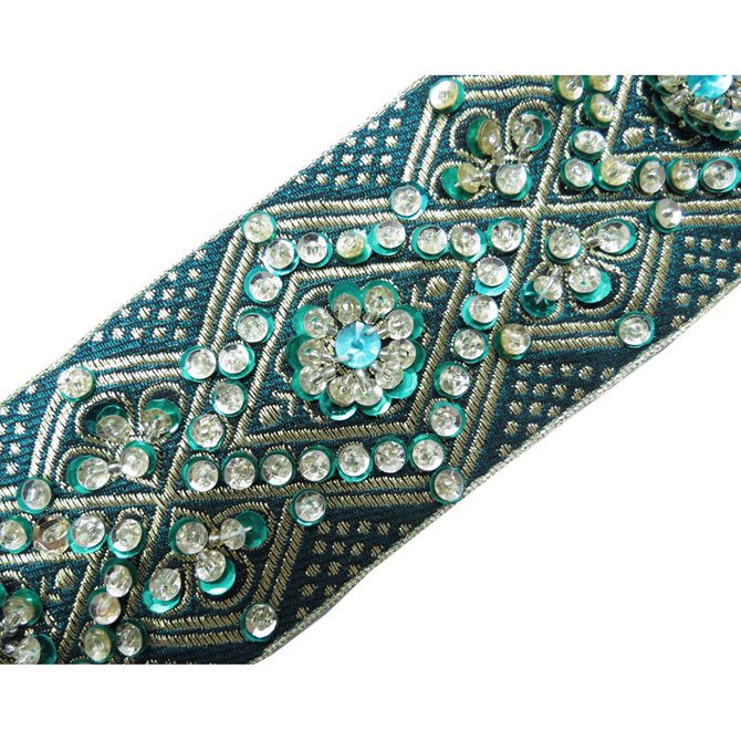 Yard Turquoise Hand Beaded Sequin Border Trim Ribbon Lace Indian