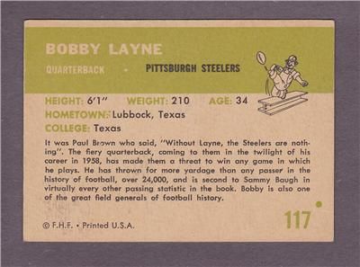 1961 Fleer Football # 117   Bobby Layne   Pittsburgh Steelers