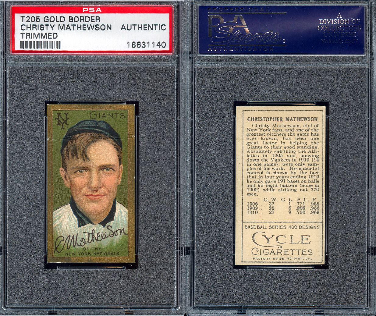 T205 Gold Bolder Christy Mathewson Cycle 37 1 Win Loss Back PSA 